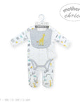 Baby outfit with bib and pants on a hanger, featuring animal prints, with 'Mother's Choice' branding.