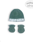 Green baby hat and mittens set with 'Mother's Choice' branding on a white background