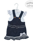 Baby outfit with denim dress and white top on a hanger, branded 'Mother's Choice'.