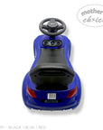 Blue toy car with black steering wheel on a white background