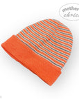 Orange and gray striped beanie on a white background with 'mother's choice' branding.