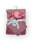Pink plush elephant toy with matching blanket on a white background
