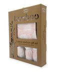 Bamboo 3-piece newborn gift set packaging with a clear window showing pink baby clothes.