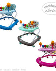 Three colorful baby walkers with toys on a white background, branded 'Mother's Choice'.