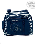 Navy blue backpack with zebra pattern and 'mother's choice' branding on a white background