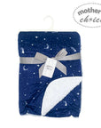 Blue and white star-patterned blanket with a gray ribbon and 'Mother's Choice' tag on a white background.