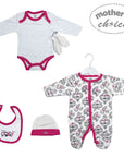 Baby clothing set with onesie, bib, hat, and booties on a white background with 'Mother's Choice' branding.