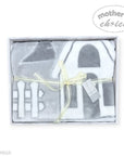 Gray and white baby blanket set with bow and tag in a box, branded 'Mother's Choice'.