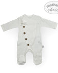 White baby romper with brown buttons on a white background, featuring 'mother's choice' branding.