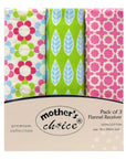 Pack of 3 flannel receiver fabrics with colorful patterns on a 'Mother's Choice' branded package.