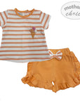 Children's outfit with striped shirt and orange bloomers on a white background, featuring 'mother's choice' branding.