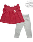 Red top with floral detail and gray leggings on a white background, featuring 'mother's choice' branding.