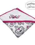 Baby blanket with pink border and 'I'm so fancy' text on a white background
