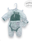 Baby outfit set with onesie, romper, and booties on a hanger with 'Mother's Choice' branding.
