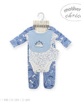 Baby outfit with blue and white design on a hanger against a white background