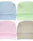 Four baby hats in blue, green, pink, and beige on a white background