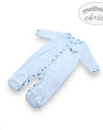 Light blue baby onesie with floral patterns on a white background, featuring 'Mother's Choice' branding.