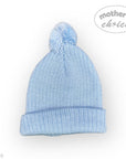 Light blue knit baby hat with pom-pom on a white background, featuring 'mother's choice' branding.