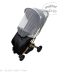 Black stroller with a gray and white mesh cover on a white background, featuring 'Mother's Choice' branding.