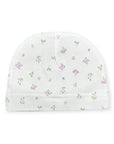 White baby hat with floral pattern on a white background
