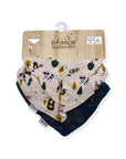 Two baby bandana bibs with animal prints in a wooden packaging on a white background