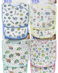 Four baby bibs with different patterns on a white background