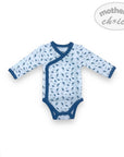 Baby onesie with blue and white pattern on a white background, featuring 'Mother's Choice' branding.