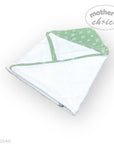 Baby blanket with green border and 'Mother's Choice' branding on a white background
