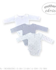 Three baby bodysuits in white, gray, and patterned design on a white background with 'Mother's Choice' branding.