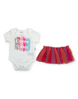 Baby onesie with 'Queen Vibes' text and a colorful tutu skirt on a white background