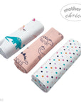Three baby swaddle blankets with different patterns on a white background, featuring the brand 'Mother's Choice'.
