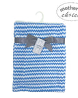 Blue and white striped baby blanket with a gray ribbon and tag on a white background, branded 'Mother's Choice'.