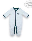White baby onesie with green trim on a white background, featuring 'mother's choice' branding.