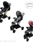 Three baby strollers in black, gray, and pink with 'Mother's Choice' branding on a white background.