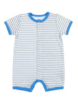 Striped baby romper with blue trim on a white background