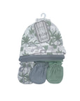 Baby hat, bib, and mittens set with leaf pattern on a white background