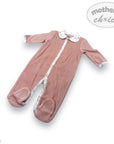Pink baby onesie with white trim on a white background, featuring 'Mother's Choice' branding.