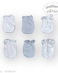 Set of six baby booties in various shades of blue on a white background with 'Mother's Choice' branding.