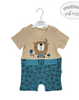 Baby romper with bear design on a hanger against a white background