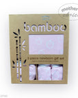 Bamboo 3-piece newborn gift set packaging with pink baby clothes on a white background