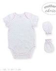 Baby bodysuit, hat, and gloves set with 'Mother's Choice' branding on a white background.