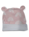 Pink baby hat with rainbow pattern and gray band on a white background