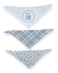Three blue bandana bibs with different patterns on a white background