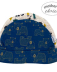 Baby hat with bear pattern on a blue background, featuring 'mother's choice' branding.