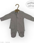 Gray baby onesie on a hanger with 'Mother's Choice' label on a white background