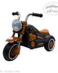 Black and pink toy tricycles with 'Mother's Choice' label on a white background