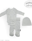 Gray baby onesie and hat set with 'Mother's Choice' branding on a white background