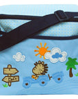 Light blue bag with cartoon lion, sun, clouds, and trees on a white background