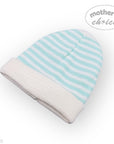 Baby hat with light blue stripes on a white background, featuring 'Mother's Choice' branding.