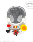 Baby bouncer with colorful buttons on a white background, branded 'Mother's Choice'.